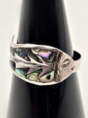 Vintage Sterling Abalone Fish Ring, Mexican Copper Accent, Adjustable Size 6-8
